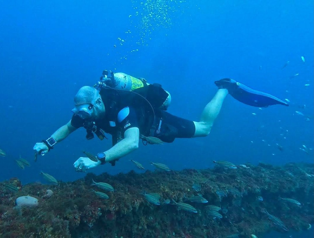 Diver in proper trim under bridge span